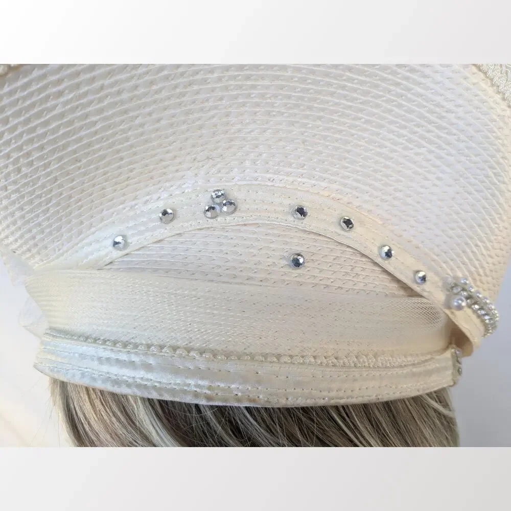 VTG 50s Fascinator Hat MCM Ivory Upsweep Woven Rhinestone Pearl Church Derby